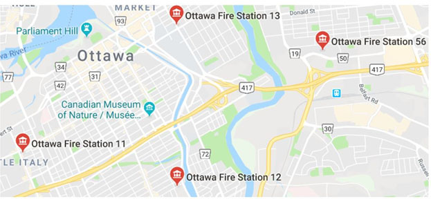 La carte suivante indique l'emplacement des casernes de pompiers dans le centre-ville d'Ottawa (carte en anglais seulement)