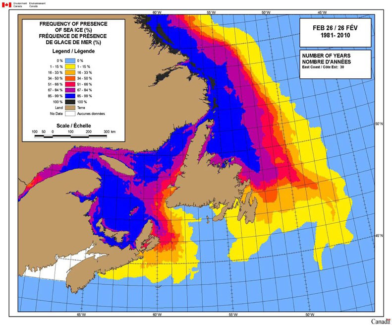 Carte des glaces représentant le pourcentage de la glace de mer sur un intervalle de 30 ans