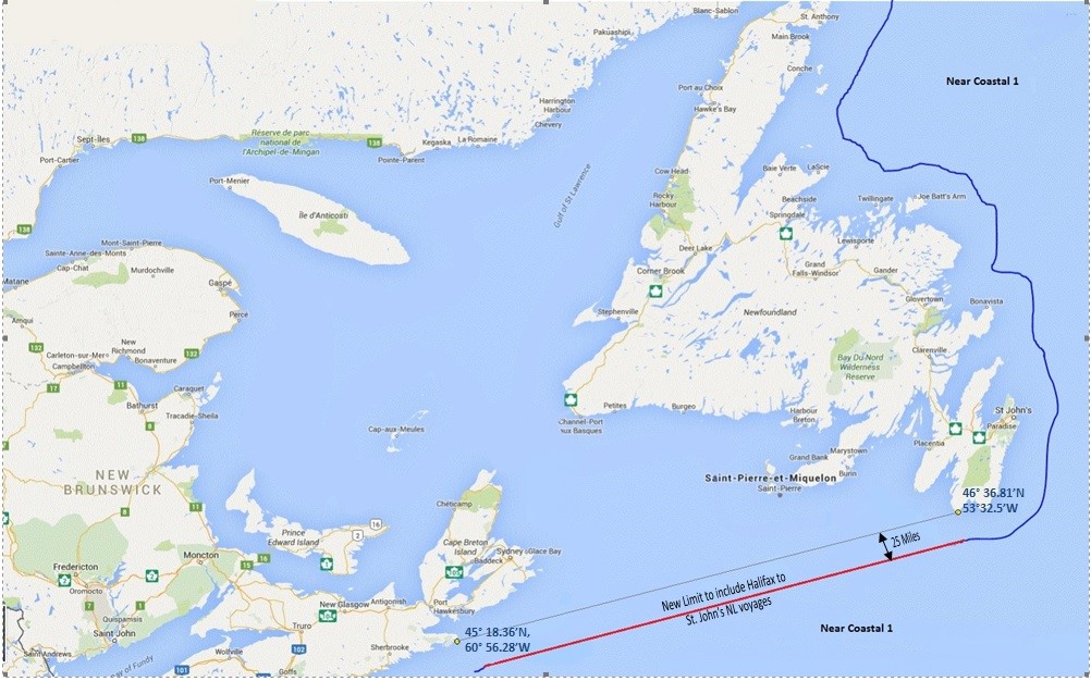 Voyage in the waters of the Gulf of St. Lawrence and Cabot Strait, up to 25 nautical miles seaward of a straight line joining Cape Canso at 45° 18.36’N, 60° 56.28’W and Cape Pine at 46° 36.81’N, 53°32.5’W