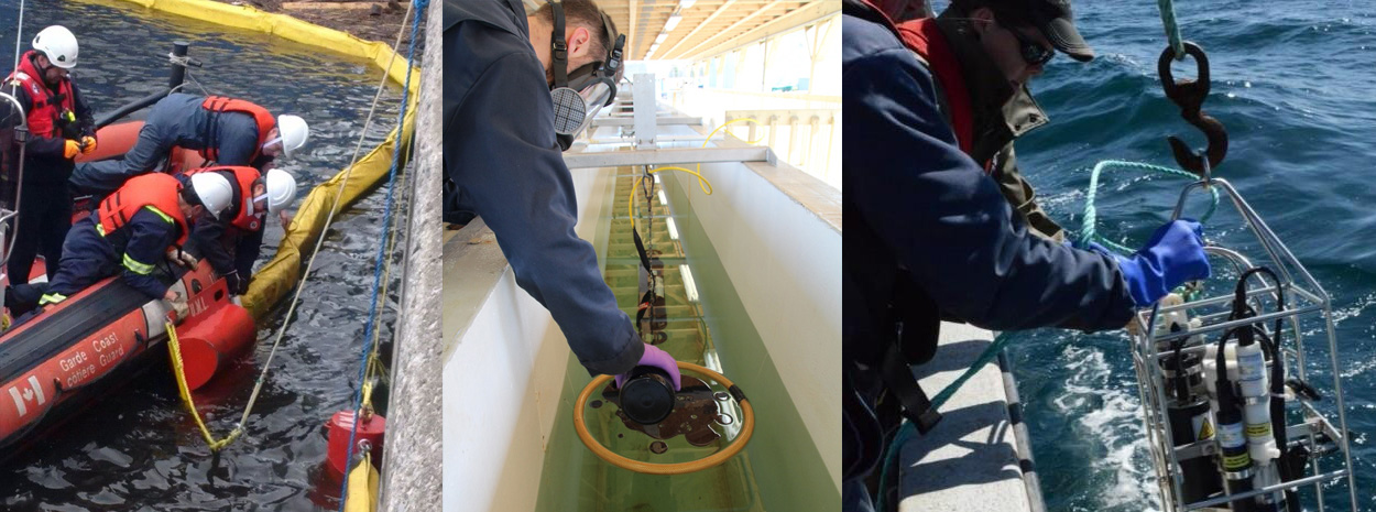 (Left to right, images taken before COVID-19) Canadian Coast Guard fleet personnel practicing the use of oil spill response equipment from a Rigid Hull Inflatable Boat;  An image of a DFO scientist conducting experiments using an oil ring in the water tank at the Centre for Offshore Oil, Gas and Energy Research at the Bedford Institute of Oceanography; An image showing a DFO scientist collecting physical information about the water column using equipment deployed from a boat in Placentia Bay, NL.
