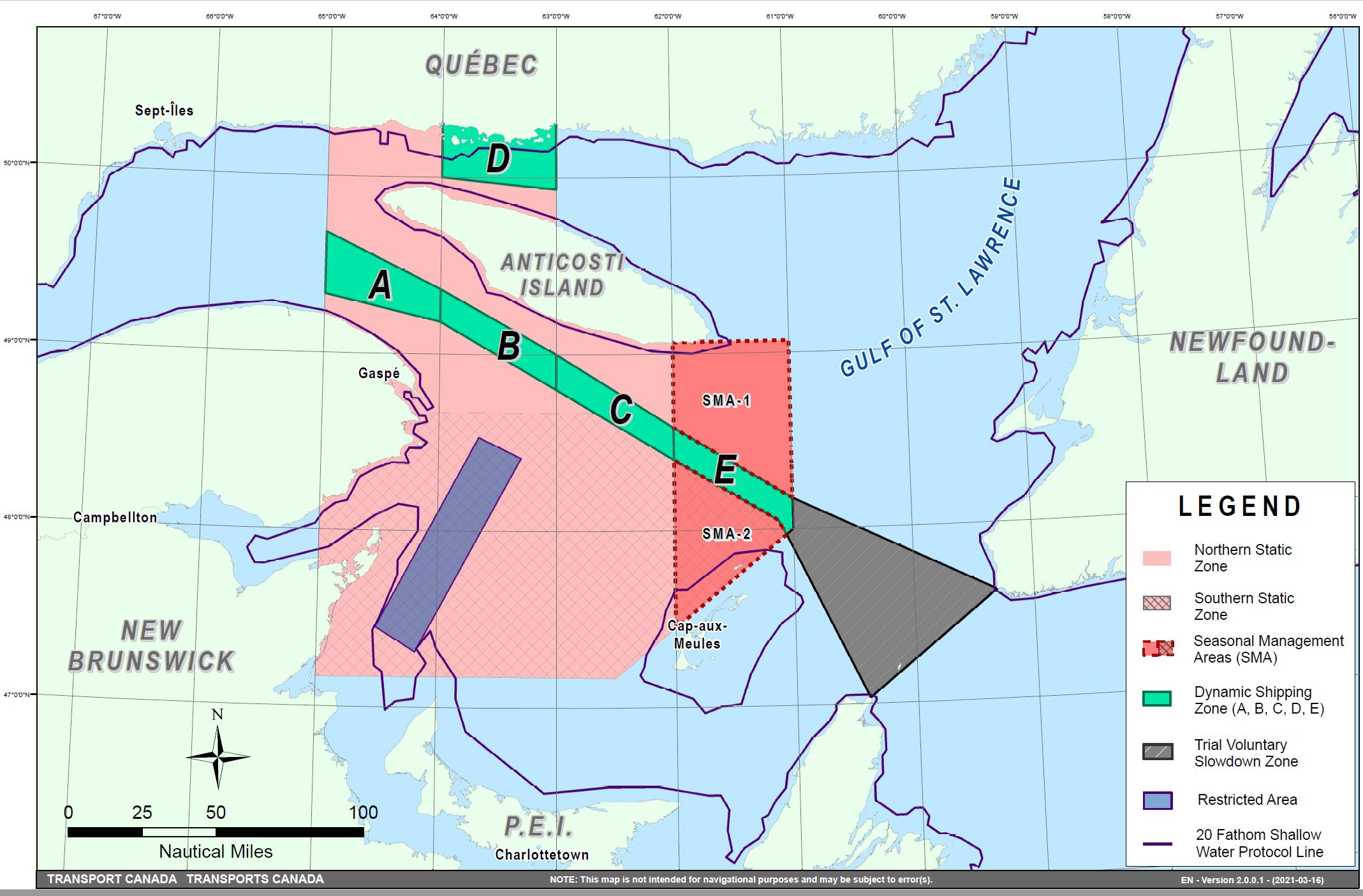 Map showing the static zones, the dynamic shipping zones (A, B, C, D and E), the seasonal management areas, the Shediac Valley restricted area, the 20 fathom shallow water protocol line and the trial voluntary slowdown zone