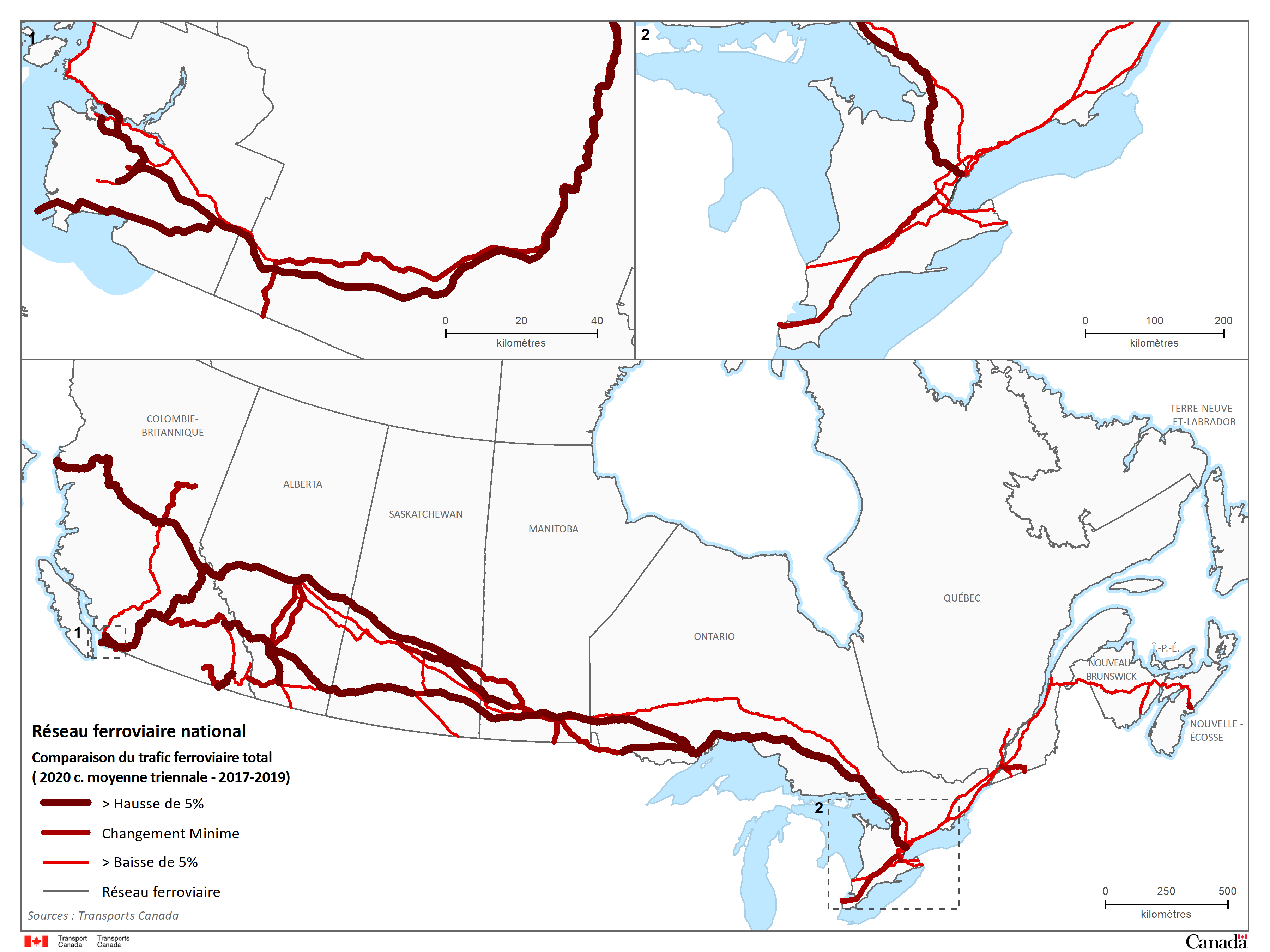 Carte 6 - Comparaison des flux par rail – Trafic total en 2020 versus la moyenne de trois ans