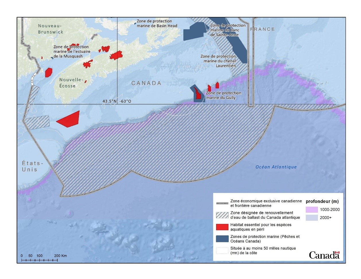 Figure 2. Zones désignées de renouvellement d’eau de ballast du Canada atlantique