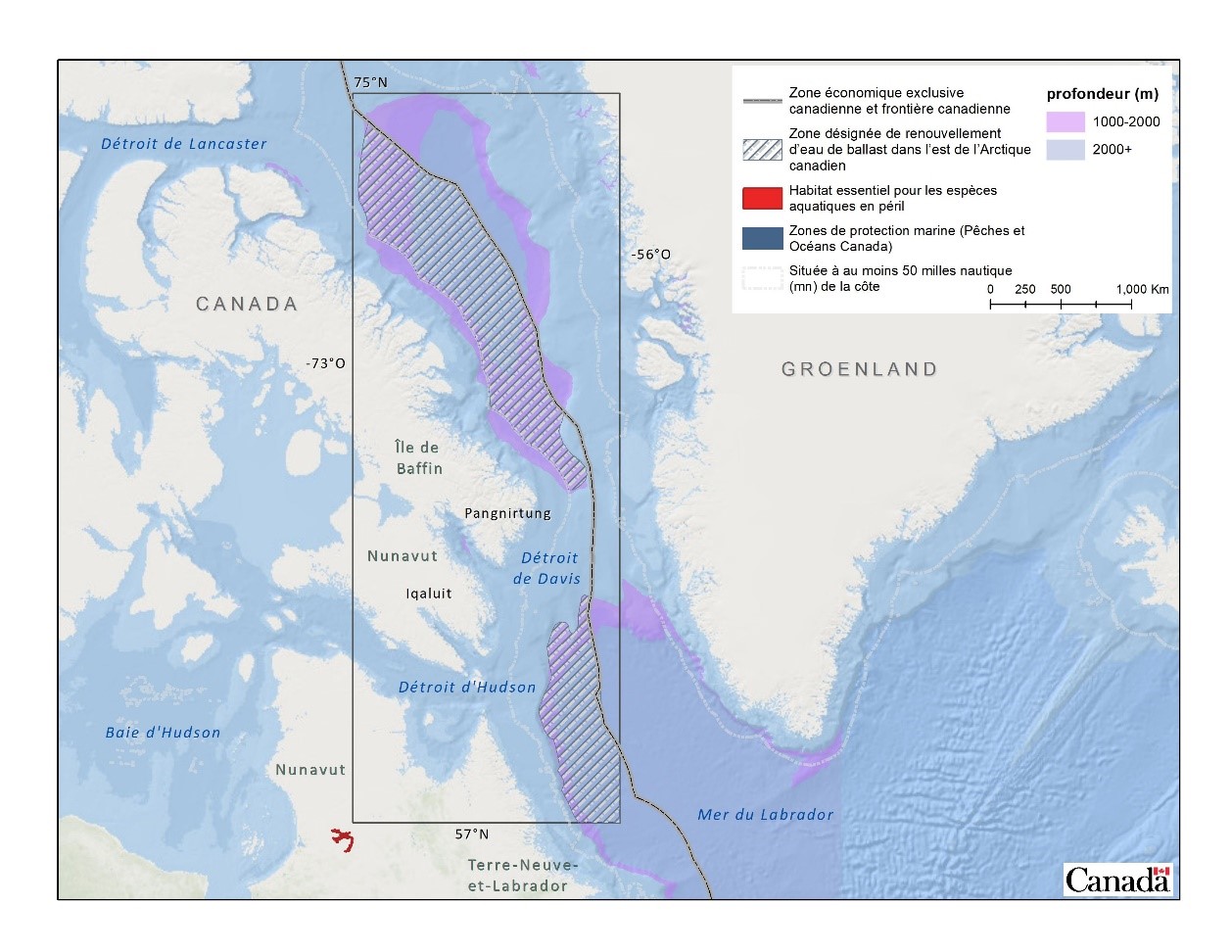 Figure 4. Zones désignées de renouvellement d’eau de ballast dans l’est de l’Arctique canadien