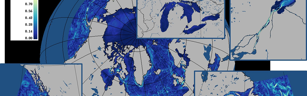 Surface currents (m/s) from operational ocean and hydrodynamic models giving an increasingly comprehensive understanding of Canada’s waters. Image credit: Sarah MacDermid