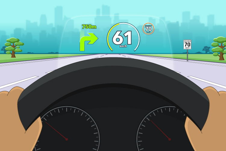 A head-up display shows useful driving information on the windshield, in the driver’s line of sight. 