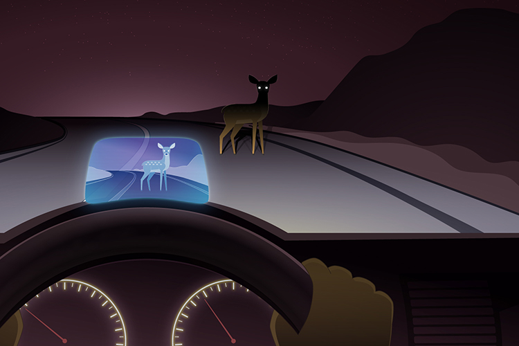 As a vehicle drives down a dark road, the night vision display on the car's dash shows a deer on the road ahead. The deer is less visible through the windshield because it is partially beyond the range of the headlights.
