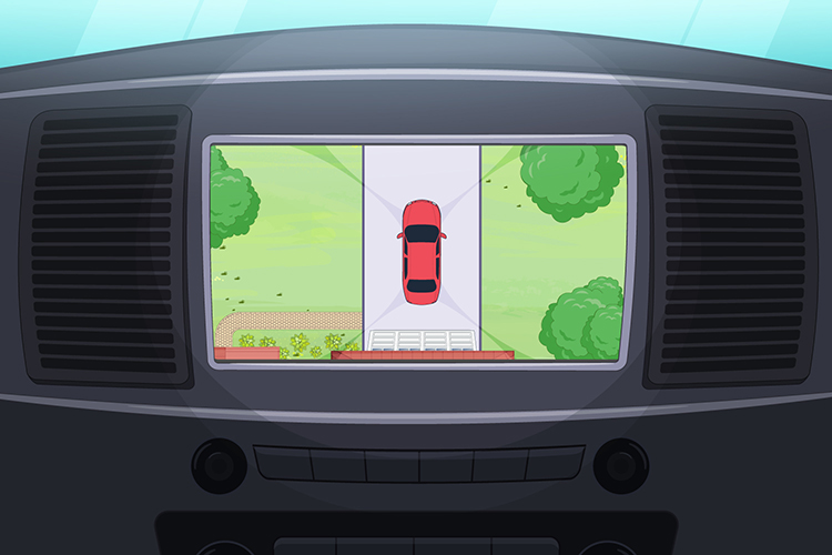 Un écran sur le tableau de bord montre une vue aérienne du véhicule.