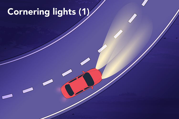 The car’s headlights automatically follow the curve of the road as it goes around a corner. 