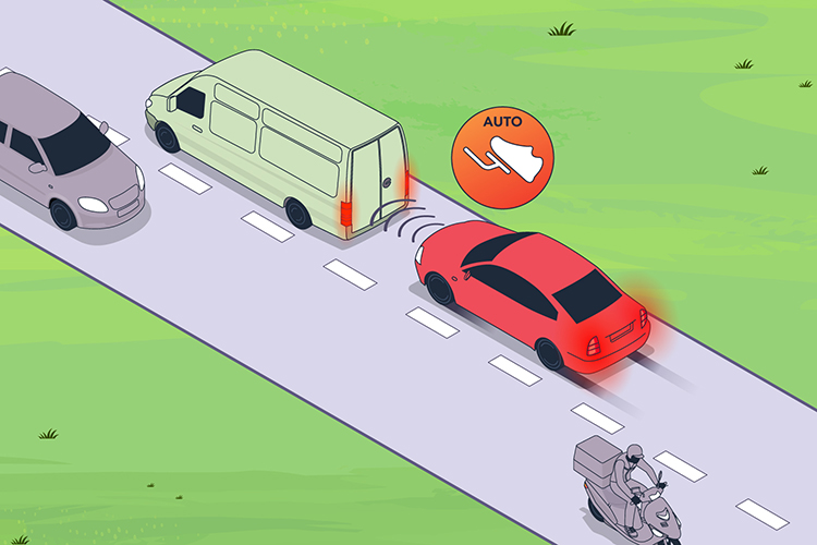 A car’s sensors detect a stopped van immediately in front and the car brakes. 