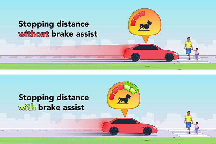A car with brake assist stops in a shorter distance than a car without brake assist because of increased, quicker brake pressure. 