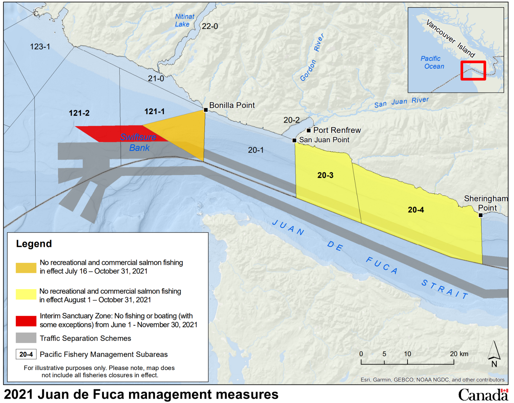 Map showing the recreational and commercial salmon fishing prohibited areas (orange zone and yellow zones), the Interim Sanctuary Zone (red zone), the Traffic Separation Schemes (in gray) and the Pacific Fishery Management Subareas (numbered).