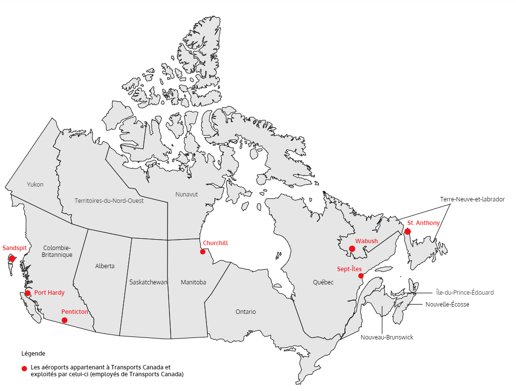 Voici une carte du Canada qui illustre l’emplacement des sept aéroports appartenant à TC et exploités par son personnel : Aéroports de Port Hardy, Penticton et Sandspit (Colombie-Britannique); Aéroport de Churchill (Manitoba); Aéroport de Sept-Îles (Québec); et Aéroports de Wabush et St. Anthony (Terre-Neuve-et-Labrador).