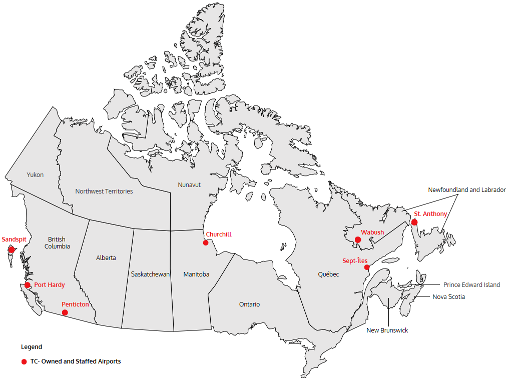 This is a map of Canada that illustrates the location of the seven TC owned and staff-operated airports:  Port Hardy, Penticton and Sandspit Airports (British Columbia); Churchill Airport (Manitoba); Sept-Îles Airport (Québec); and Wabush and St. Anthony Airports (Newfoundland and Labrador).