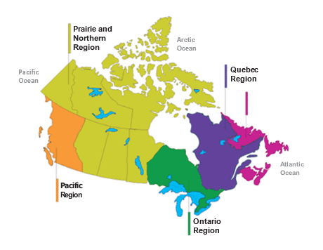 A map of Canada, noting the following regions: Atlantic, Ontario, Pacific, Quebec, and Prairie and Northern.