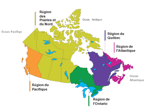 Une carte du Canada, indiquant les régions suivantes: l’Atlantique, l’Ontario, le Pacifique, le Québec, et les Prairies et le Nord