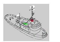 The image depicts the lights required on a tug while not in a towing operation, which includes a masthead light, an all-around light, a red and green sidelight, and a white stern light.