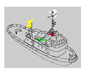 The image depicts the lights required for a tug under towing operations, which includes a masthead light, an all-around light, a red and green sidelight, a white stern light, and yellow tow light having the same characteristics as the stern light.