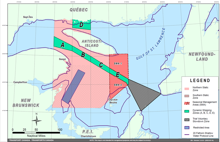 Map showing the static zones, the dynamic shipping zones (A, B, C, D and E), the seasonal management areas, the Shediac Valley restricted area, the 20 fathom shallow water protocol line and the trial voluntary slowdown zone