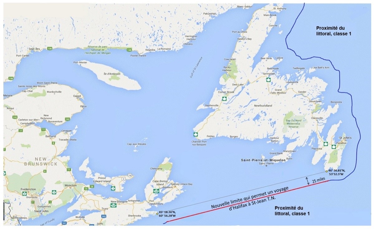 Il s’agit d’une carte d’une partie de la côte du Canada atlantique, y compris Terre-Neuve et la Nouvelle-Écosse, montrant une ligne indiquant les limites géographiques d’un voyage intérieur.