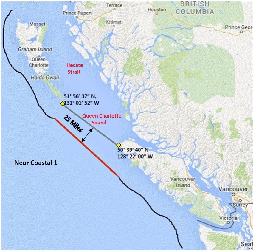 This a map of the British Columbian coastline showing a line indicating the geographical limits of a domestic voyage.
