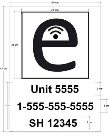 Image of the electronic shipping document sign:  a big lower case “e” letter, and the Wi-fi symbol – including unit number, phone number and equivalency certificate number. The “e” symbol must be 25 cm X 25 cm, while the text must be 5 cm high
