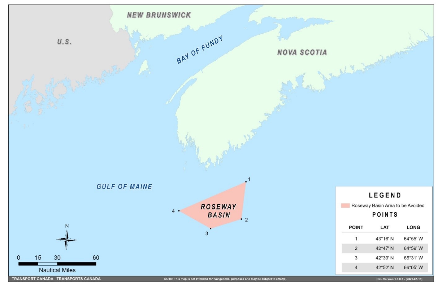 Map showing Roseway Basin, area to be avoided, located approximately 20 nautical miles south of Cape Sable Island, Nova Scotia.