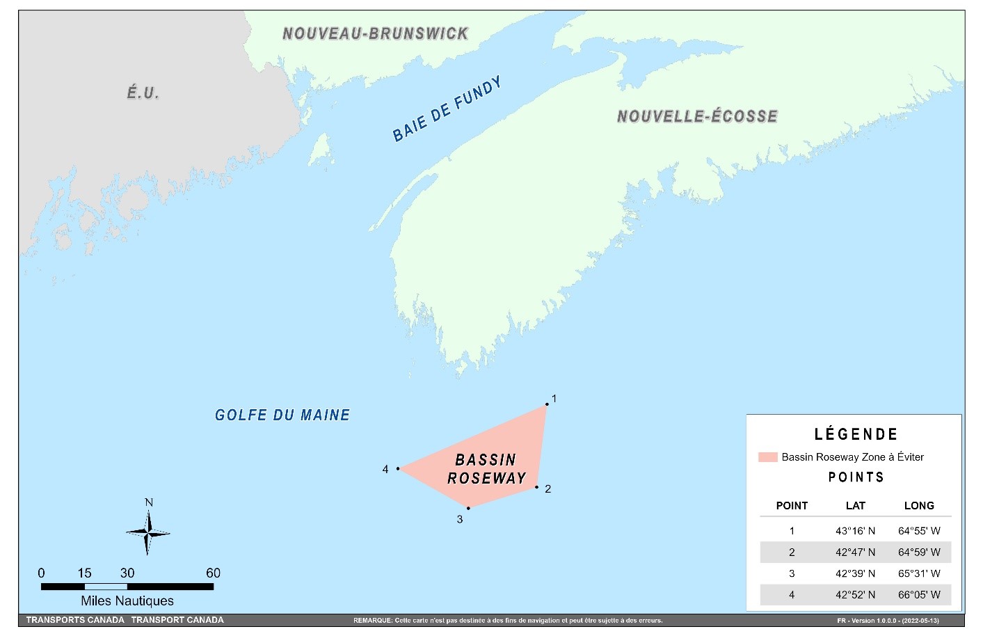 Carte montrant le bassin Roseway, zone à éviter, situé à environ 20 milles marins au sud de l’île Cap-de-Sable (Nouvelle-Écosse). 