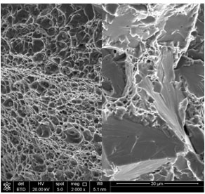SEM fractographs of ductile fracture (left) and brittle cleavage initiation (right) in Charpy WM specimens tested at 25 and -46 °C