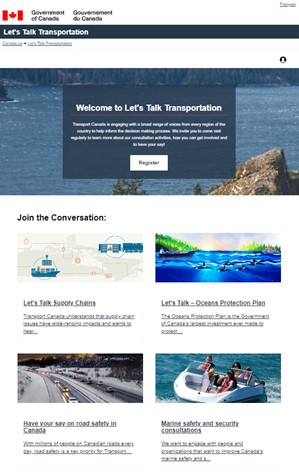 Transport Canada’s “Let’s Talk Transportation” welcome homepage screen