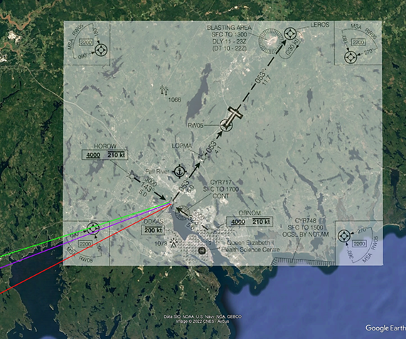 Figure 4: overlay of RNAV (GNSS) Z approach to runway 05 on Google Earth