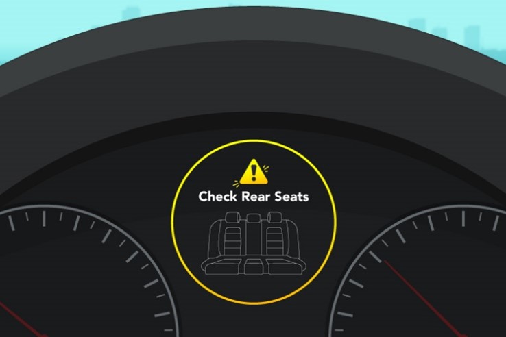 A visual displaying a rear seat alert appearing on a car dashboard.