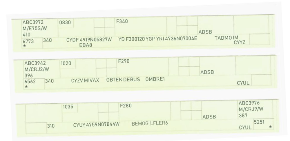 Figure 1: Example of de-identified flight strips, where three aircraft with similar  sounding idents were in the same controller's airspace.