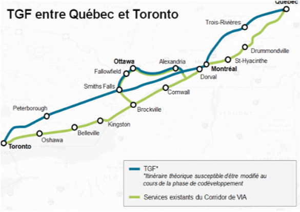 L’itinéraire proposé pour le service du TGF offrira un service ferroviaire étendu aux villes suivantes : Peterborough, Smiths Falls, Fallowfield, Ottawa, Alexandria, Dorval, Montréal, Trois-Rivière and Québec City, tout en utilisant les services de corridor existant de VIA suivant : Toronto, Oshawa, Belleville, Kingston, Brockville, Cornwall, Dorval, Montréal, St-Hyacinthe et Drummondville.