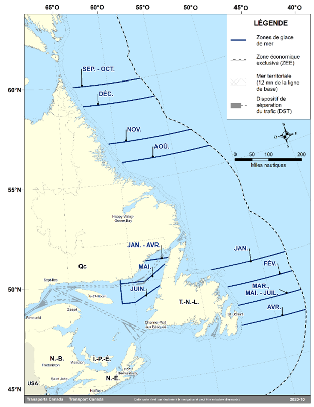 Carte des Zones de glace de mer de l’est du Canada, telles que décrites au point 1 ci-dessus.