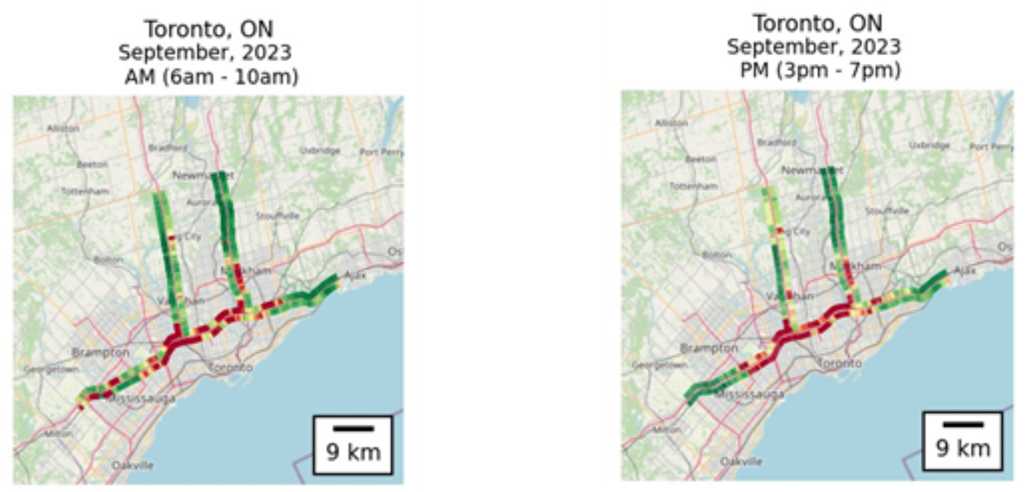 Two maps depicting busy travel corridors in Vancouver. The left image shows data from September 2023, 6AM to 10AM. The right image shows data from September 2023, 3PM to 7PM.