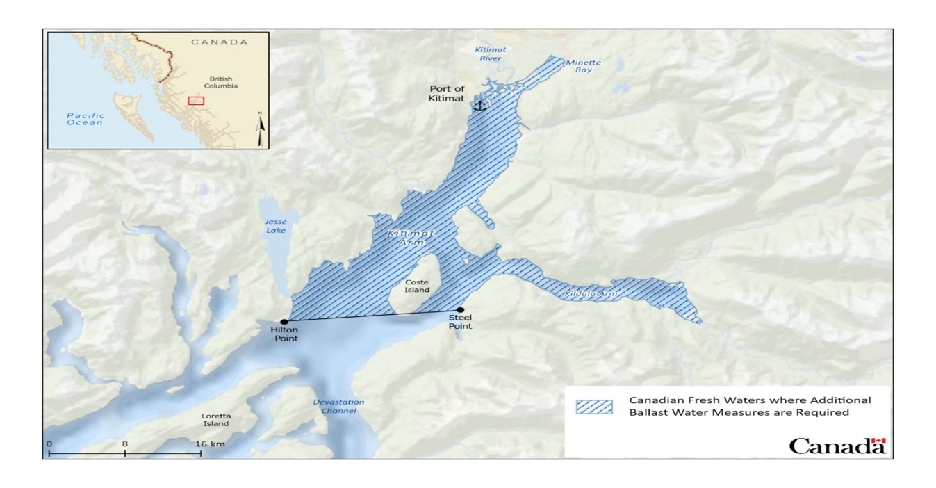 Figure 6: The waters at the Port of Kitimat and waters in or upstream of the Kitimat Arm, east of a line between Hilton Point and Steel Point.