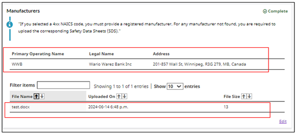 The Manufacturers section of the CRS registration form shows the uploaded SDS, test.docx