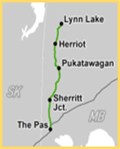 A map with a line representing the KRC railway route. From North to South, the following stations that lay along the route are labelled: Lynn Lake, MB (Northern terminus); Herriot, MB; Pukatawagan, MB; Sherritt Junction, MB; The Pas, MB (Southern terminus).