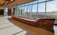 Canoe Bench in the new YZT Port Hardy Airport terminal, carved by Kwagul Carver Mervyn Child.