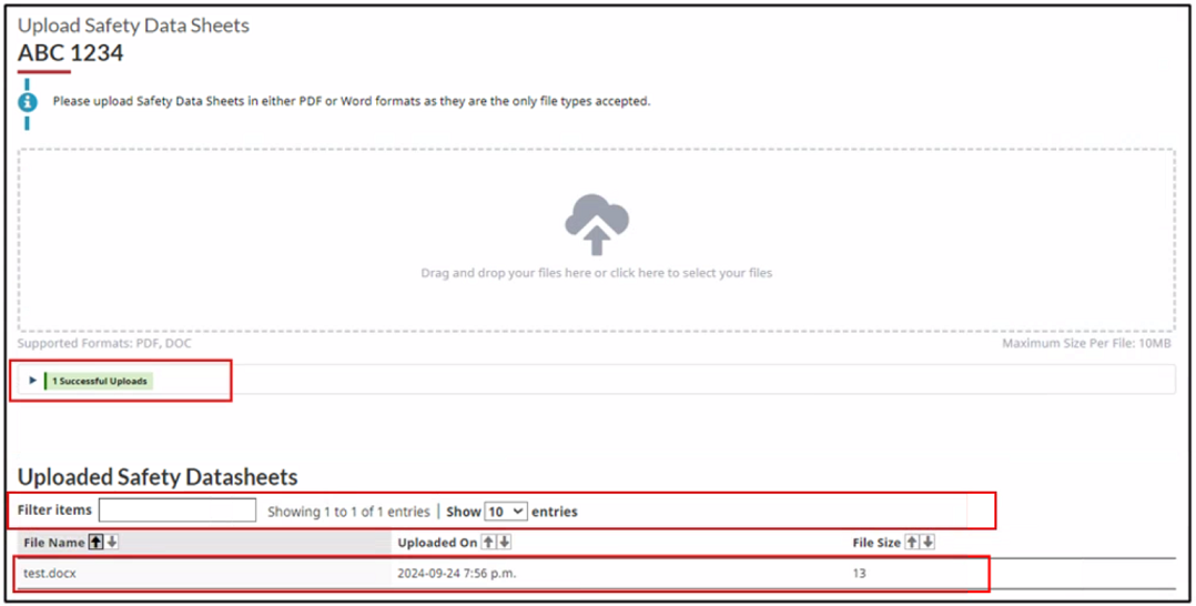 Uploaded files are displayed in the Uploaded Safety Datasheets table