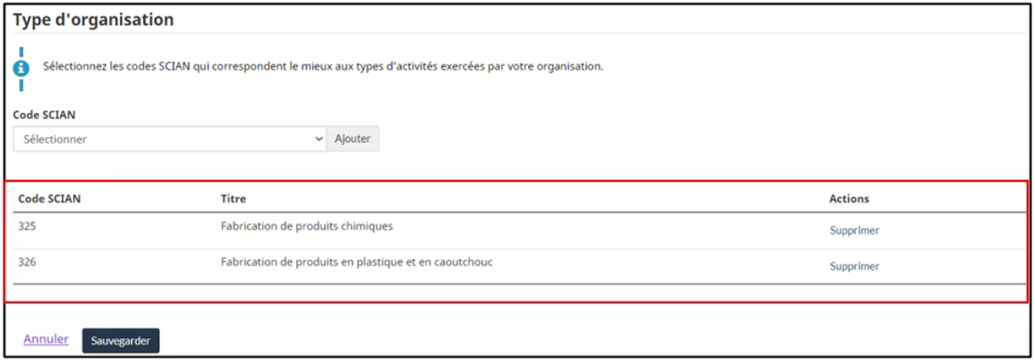 Le code SCIAN et le titre sont ajoutés au tableau