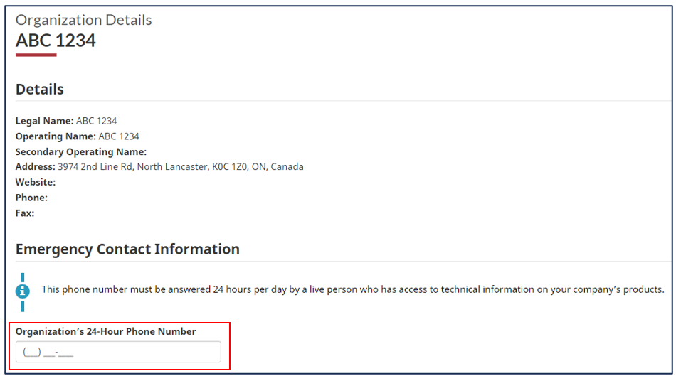 Your organization’s 24-hour number is an optional field. Select the NAICS code from the dropdown list