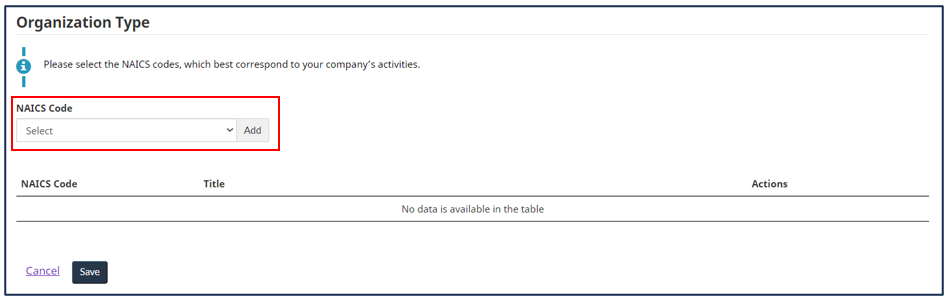 Select NAICS code from the dropdown list