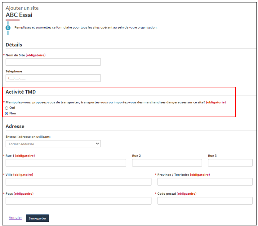 La question Activité TMD: « Manipulez-vous, proposez-vous de transporter, transportez-vous ou
        importez-vous des marchandises dangereuses sur ce site?