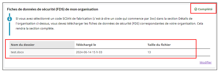 Les fichiers ont été ajoutés au tableau de la section et la section est complète