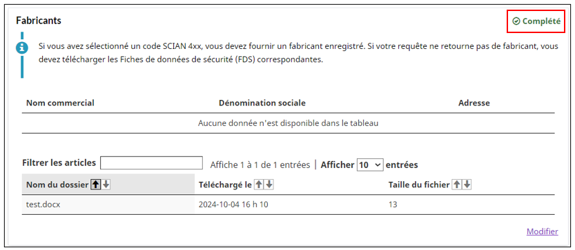 La section Fabricants affiche désormais le téléchargement de la FDS, test.docx