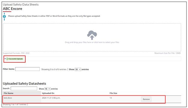 Uploaded files are displayed in the Uploaded Safety Datasheets table