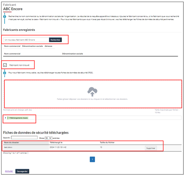 Les FDS téléchargées sont ajoutées au tableau Fiches de données de sécurité téléchargées