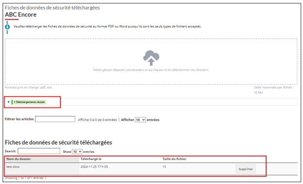 Les fichiers ont été ajoutés au tableau de la section et la section est complète